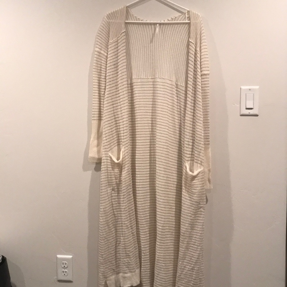 Cream and Tan Striped Duster Style Cardigan